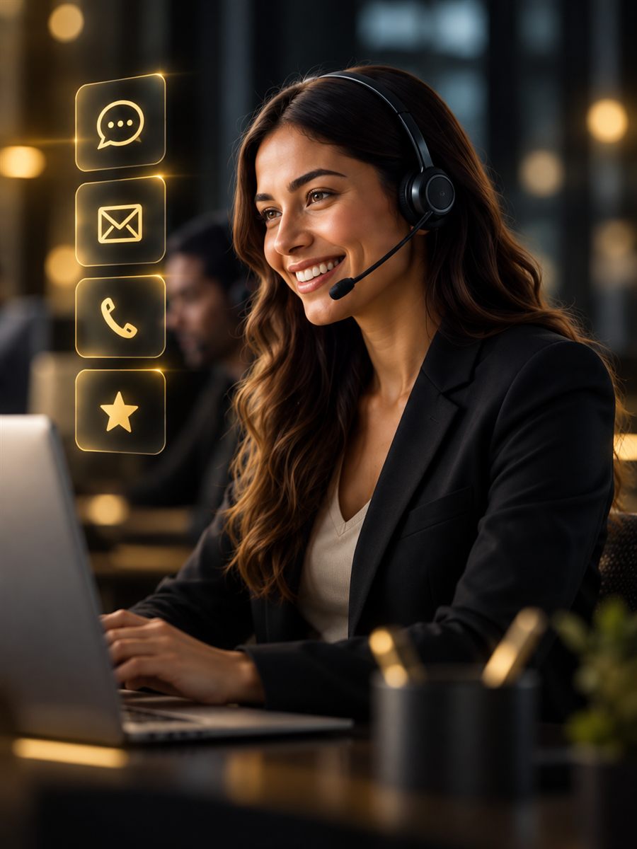 Asesora con diadema atendiendo, junto a iconos de chat, correo, teléfono y valoración